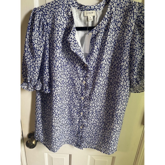 J. Crew Tops - J.Crew Womens Blue White Floral Puff Sleeve Button Down Blouse Size M NEW